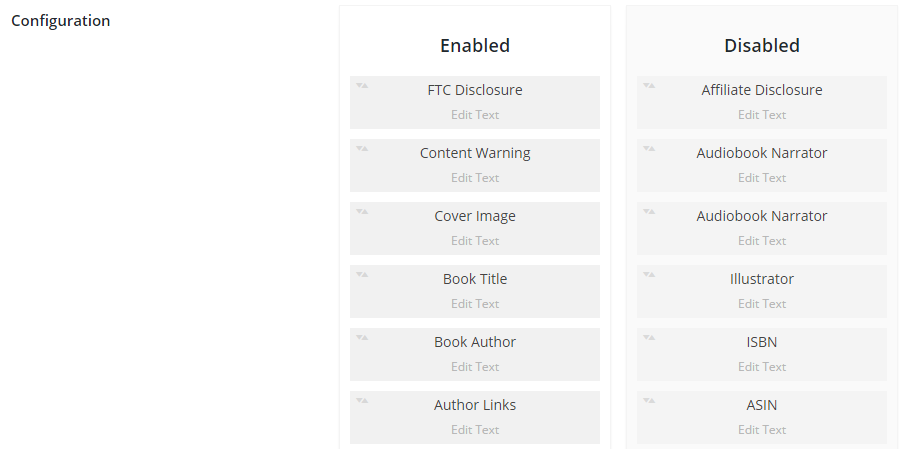 Screenshot of the UBB Book Configuration settings, showing a column of "Enabled" fields, next to a column of "Disabled" (or available) fields.