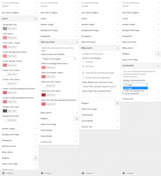 Multiple images of the custom tabs and settings in the WordPress Customizer