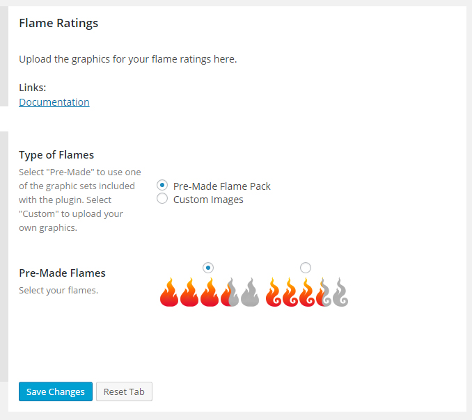 Screenshot of the Flame Ratings settings panel