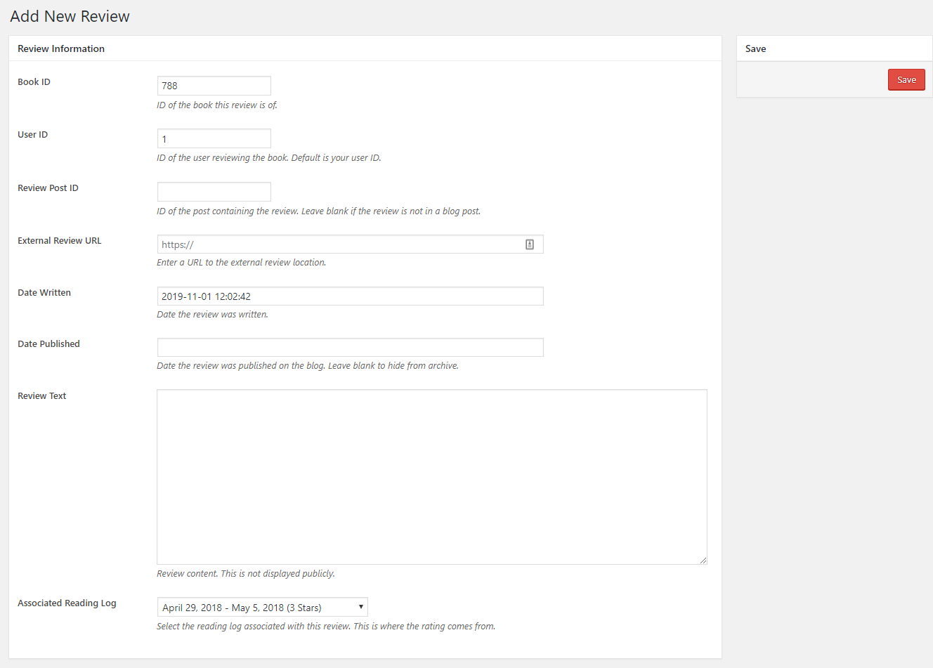 Form for adding a book review